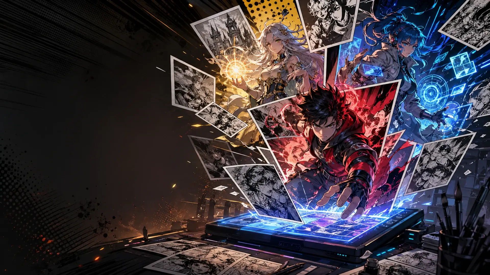 AI-generated manga panels surrounding a comic creation studio